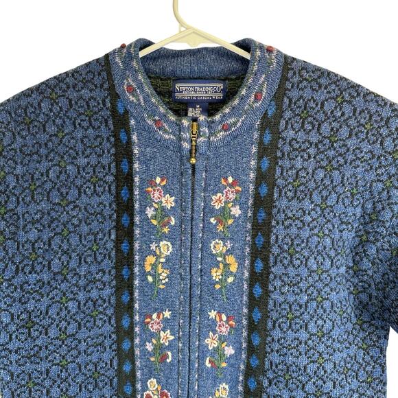 Newton Trading Co Blue Floral Shetland Wool Zip Sweater Womens Medium Grandma - Picture 3 of 16